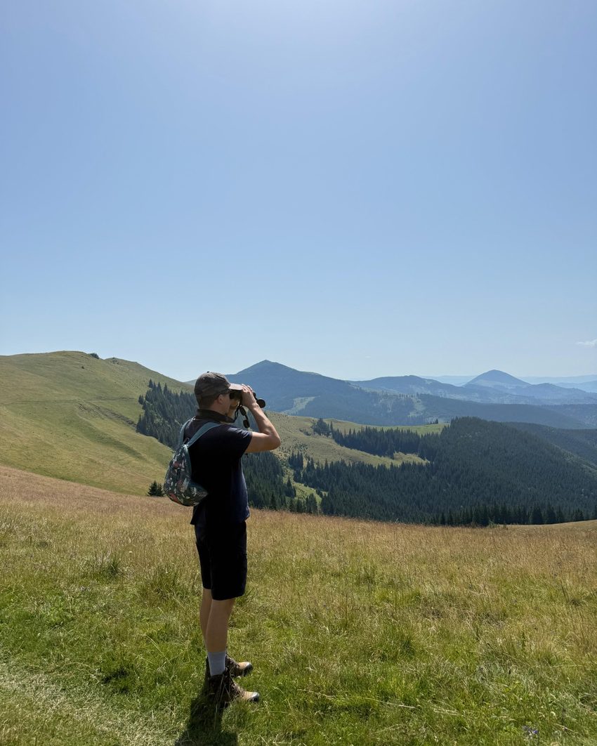 Ornithologist scanning with binoculars during a field survey