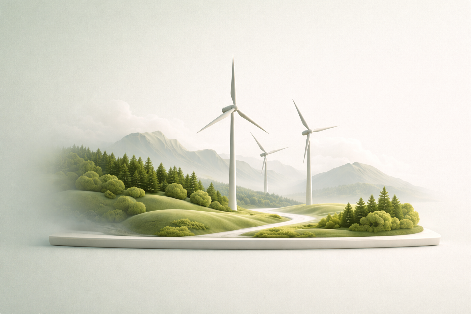 Peisaj sustenabil cu turbine eoliene, păduri și relief natural, reprezentând energia regenerabilă și consultanța de mediu.